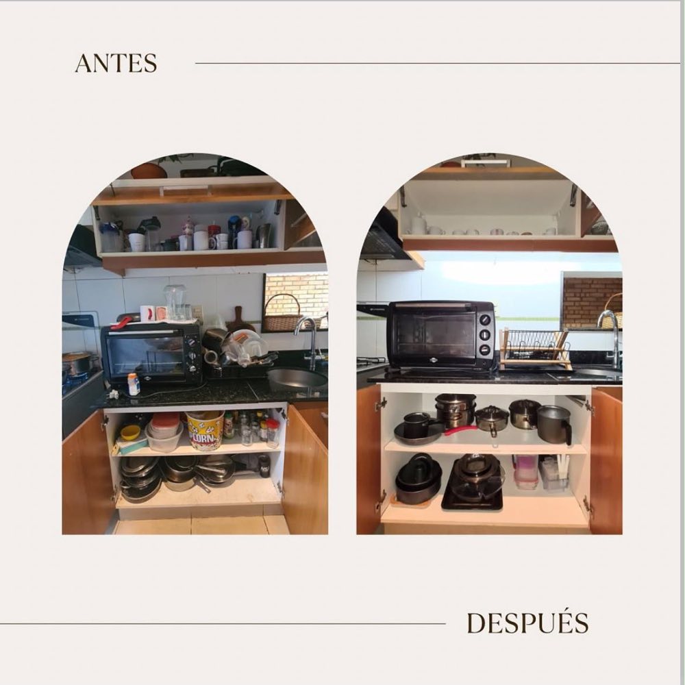 Cocina antes, con ollas amontonadas y mesada llena, y después, con mesada despejada y ollas ordenadas en el bajo mesada